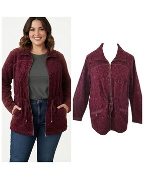 CJ Banks burgundy velvet damask print flocked jacket Women's plus size 14W NWT